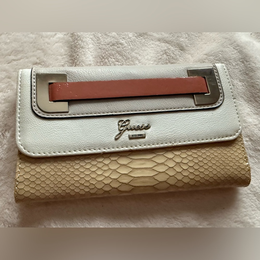 Guess White and Cream Faux Snakeskin Clutch with Tan Accent